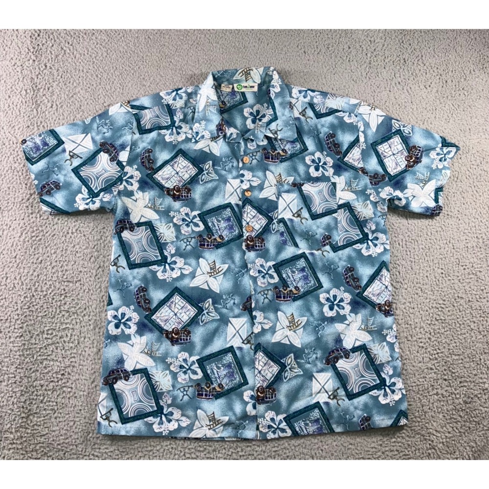 Ten Zone Hawaiian Shirt Men L Blue Woodie Wagon Hibiscus Tropical Resort Beach